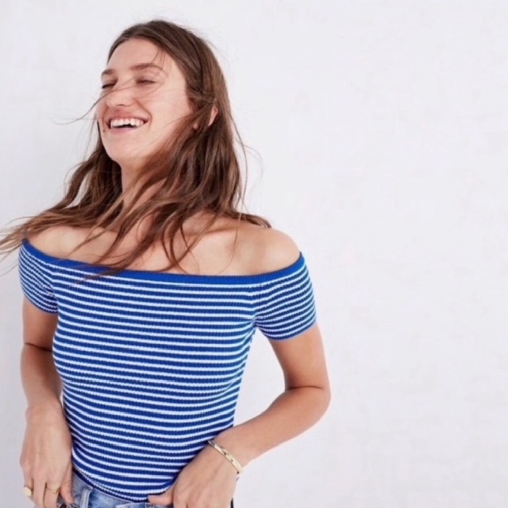 Madewell Blue and White Striped Off-Shoulder Tee
